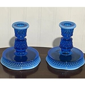 Vintage Westmoreland Hobnail Candlesticks in Brandywine Cobalt Blue Opalescent